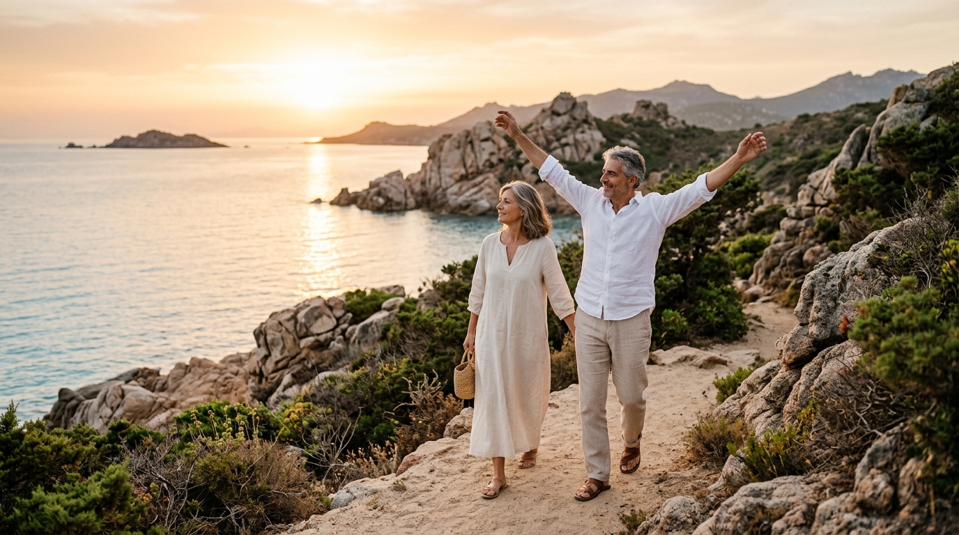 Coppia italiana che passeggia lungo la costa sarda al tramonto